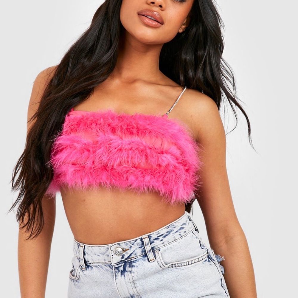 Y2K Crop Top pink feather bralette bling chain straps vintage tank